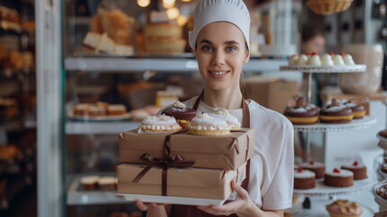 Wall Mural - woman baker holding cakes in her hands on the background of the bakery