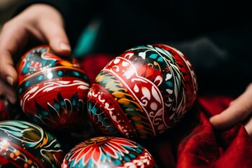 Colorful easter eggs adorned with traditional intricate patterns for festive holiday decoration