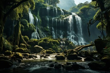  Waterfall in lush forest with river flowing through fluvial landscape