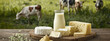 milk cheese on the table on the background of a cow farm