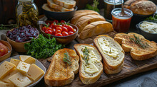 Freshly Sliced Baguette With Melting Cheese And Aromatic Herbs, Arranged On A Wooden Board Invitingly