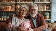 Concept of financial literacy for seniors. Seniors cuple woman and man deposits coins into pink piggy bank. Financial education. Generative ai
