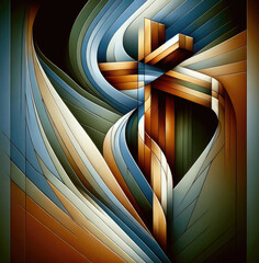 Wall Mural - 3D render of cross on abstract background with colorful curved lines in perspective.