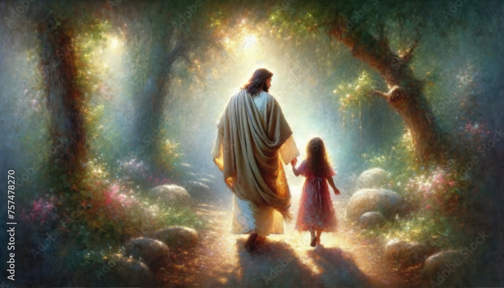 Jesus walking with a cute little girl in the forest. Rear view. Digital ...