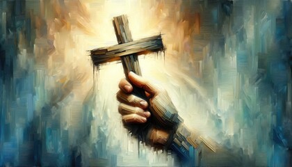 Wall Mural - Hand holding a wooden cross in front of a textured background. Digital illustration.