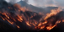 The Mountains Are Experiencing A Forest Fire, With The Foreground Consumed By The Burning Of Dry Grass And Trees.