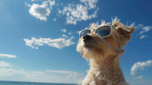 A Dog Sporting Sunglasses Stands Against A Backdrop Of Blue Sky And Ocean