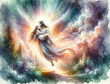 Digital painting of Jesus with angel wings with a woman in his arms in the sky.