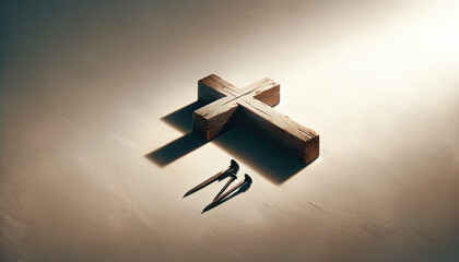 Wall Mural -  Arma Christi: Holy Nails, and Cross. Wooden cross with nails on a textured background with copy space.