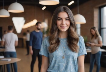 Wall Mural - A casual-dressed woman with a warm smile in a modern office. Relaxed yet professional work environment.