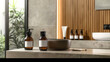 © nopommajun - Two brown bottles with a dispenser and a bowl are showcased on a bathroom countertop with a bamboo background