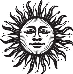 Wall Mural - Sunny Delight Cartoon Sun with Face Vector Emblem Radiant Rays Hand Drawn Sun Black Logo Design