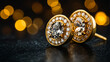 Chic gold stud earrings with diamonds against a dark background