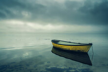 A Small Yellow Boat Sits In The Water, With The Sky Above It Looking Cloudy