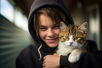 Wall Mural - Generative AI image of happy young boy hugging cute white grey persian cat