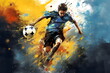 painting graphic of soccer player man kick ball and splash with colors