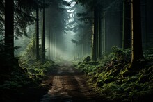 Dirt Road Amidst Dark Forest, Trees Under Moonlight