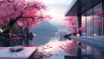 Wall Mural - modern architecture with cherry blossom tree