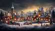 the festive spirit of a quaint snowy village during Christmas, with warmly lit cottages, and a charming town square adorned with twinkling lights Generative AI