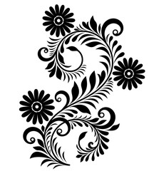 Wall Mural - Black and white decorative pattern with a silhouette of flowers, curls, leaves on a white background. Floral design element.