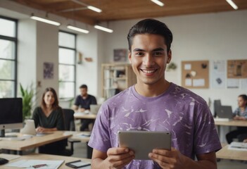 Canvas Print - Content young man with a tablet in a lively office environment.