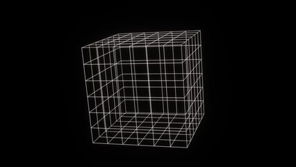 Wall Mural - 3d abstract futuristic black and white retro wireframe grid cube. 80s 90s web geometric math background. Rotating in space Animation 30fps 4k loop