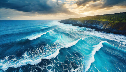 Wall Mural - Blue water waves. Tropical sea coast. Beautiful natural seascape. Summer vacation.