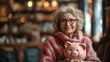 close up portrait of happy elderly woman with pink piggy bank, happy retirement, financial planning for silver gen, Generative Ai