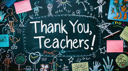 Thank You Teacher greeting card for World teacher's day concept with doodle art  on black chalkboard.