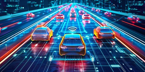 Wall Mural - Autonomous cars on a smart road with digital interface and connectivity features.