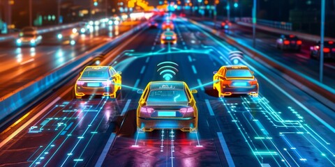 Wall Mural - Autonomous cars on a smart road with digital interface and connectivity features.