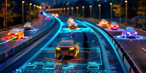 Wall Mural - Autonomous cars on a smart road with digital interface and connectivity features.