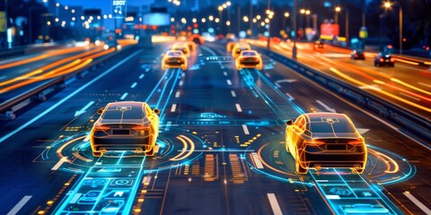 Wall Mural - Autonomous cars on a smart road with digital interface and connectivity features.