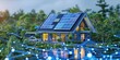 Digitally enhanced smart home with solar panels and interactive energy monitoring interface.