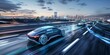 Concept autonomous cars on a futuristic city highway with digital interface.