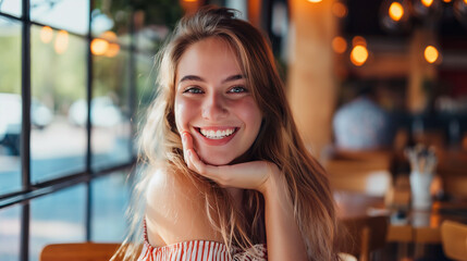 Mulher sentada na mesa em um restaurante 