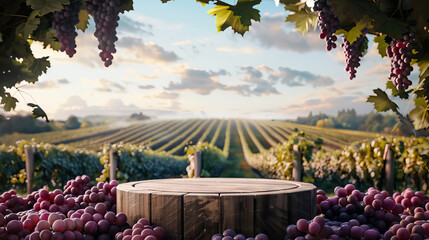 Wall Mural - wooden podium with grape fruits around it.