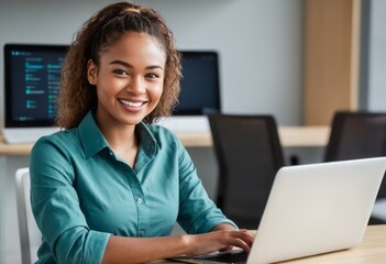 woman programmer working on laptop in tech office. professional and focused in a modern tech environ