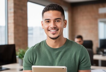 Wall Mural - A smiling young man in a casual green shirt enjoys his work in an office setting. His bright demeanor suggests positivity and comfort.