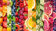 
A vivid fruit mosaic featuring strawberries, oranges, blueberries, kiwis, grapes, raspberries, and more, creating a stunning spectrum of natural colors. 
