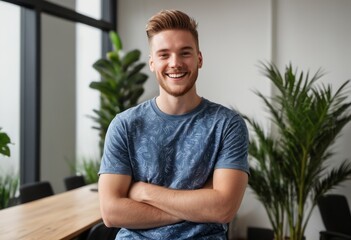 Wall Mural - A happy man stands with his arms crossed in a modern office. His casual blue shirt and beaming smile project confidence and approachability.