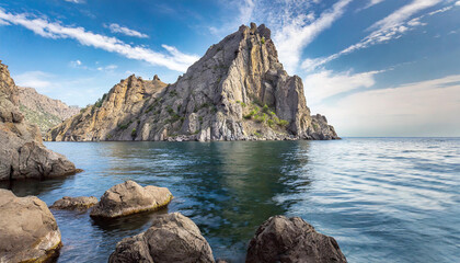 Wall Mural - Rocky mountain in the water. Blue ocean. Beautiful seascape. Tourism and travel