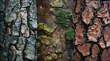 Textured tree bark surfaces are covered in patches of green moss and lichen