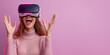 Very excited young caucasian woman using VR glasses, touching something invisible on flat purple background