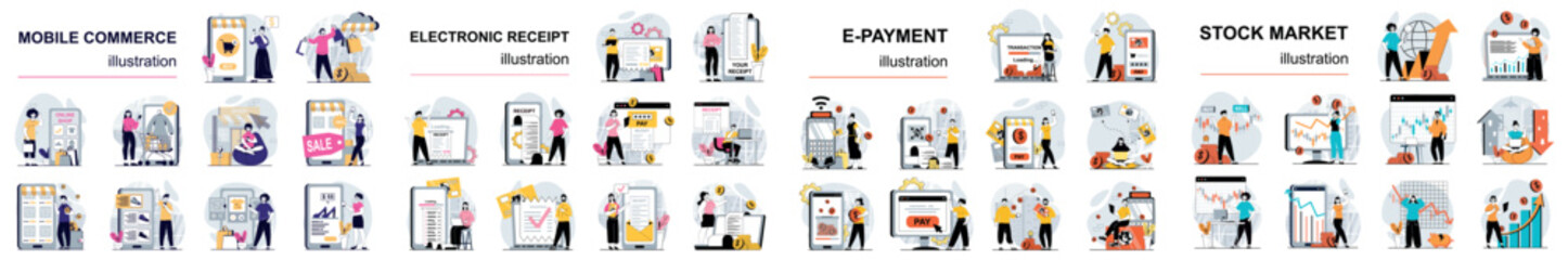 Fototapete - Mega set flat design concept payment, stock market, mobile commerce, electronic receipt with people character situations. Bundle of different scenes. Collection vector illustrations.