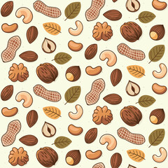 Wall Mural - Walnut, haselnut and leaves seamless pattern design