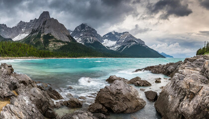 Wall Mural - Rocky mountain in the water. Blue ocean. Cliff coast. Beautiful seascape. Dramatic gray blue sky.