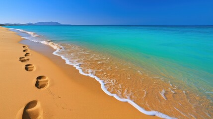 Sticker - A beach with a body of water and a few footprints in the sand