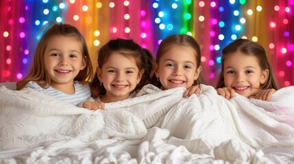 Wall Mural - Four young girls are huddled together under a blanket, smiling
