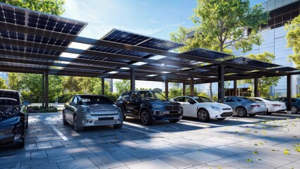 Wall Mural - Car parking with a canopy roof covered in solar panels. 